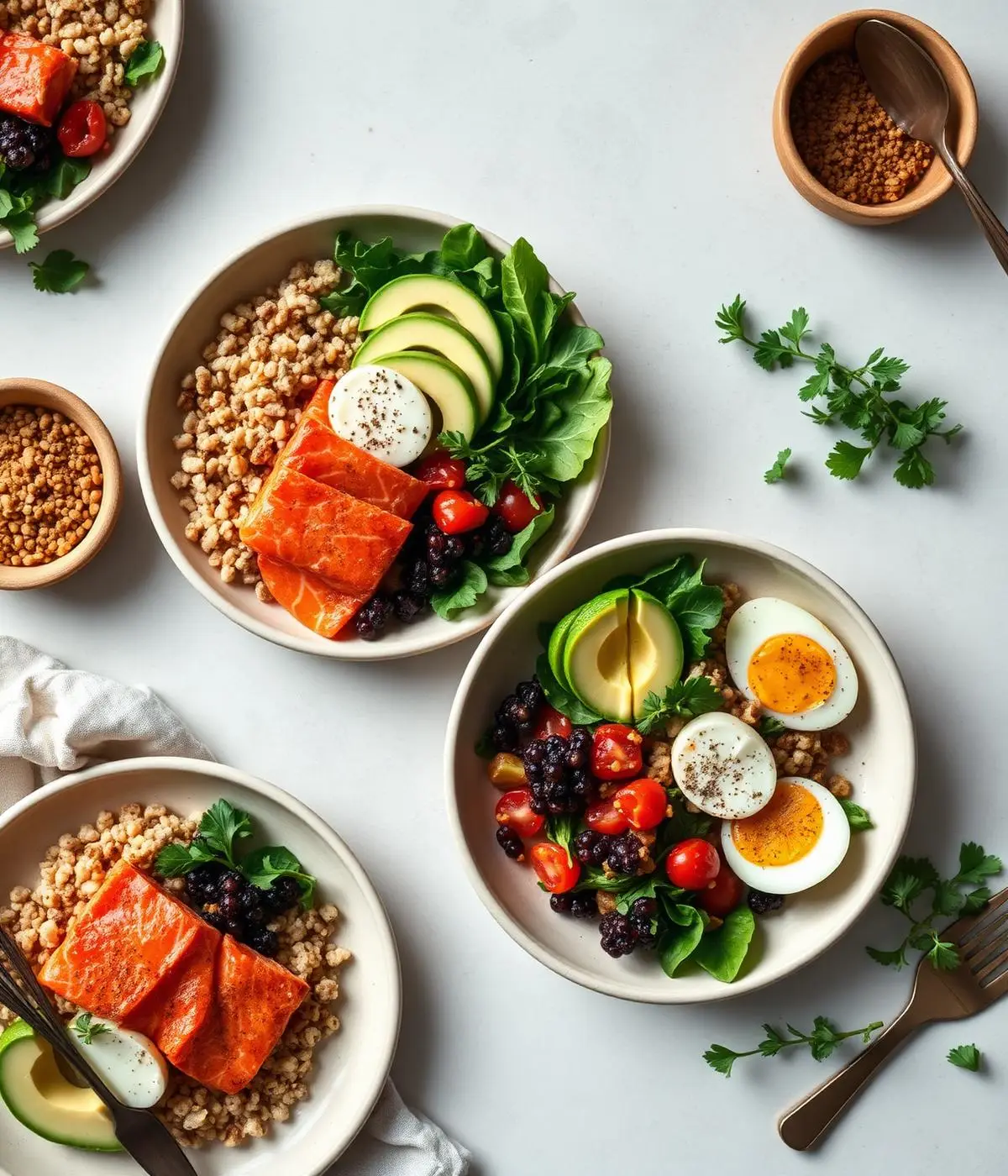 Healthy meal bowls with salmon, greens and grains, overhead flat lay