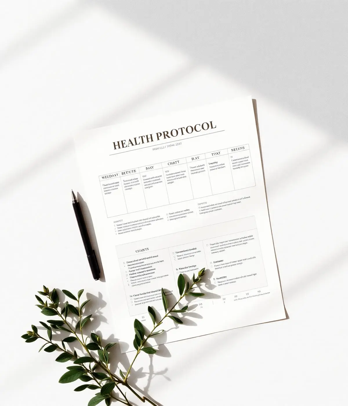 Health protocol document with weekly structure on cream paper